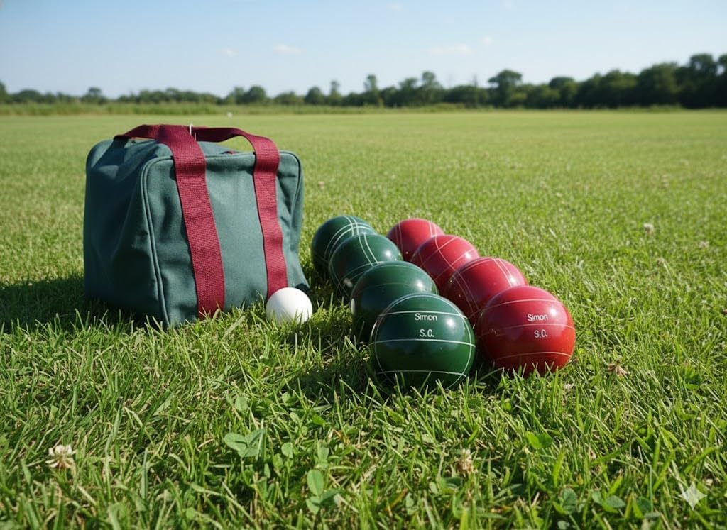 BuyBocceBalls Listing - Made in USA, Premium Quality Engraved Tournament Bocce Set, 998 Grams (2 lbs. 3.2 oz.). Various Bag Colors - 110mm Red and Dark Green Balls, Nylon Bag