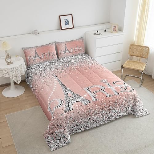 Miniatura 3 de Juego de ropa de cama de tamaño matrimonial de la Torre Eiffel, romántico juego de ropa de cama rosa de la torre de París para adolescentes y
