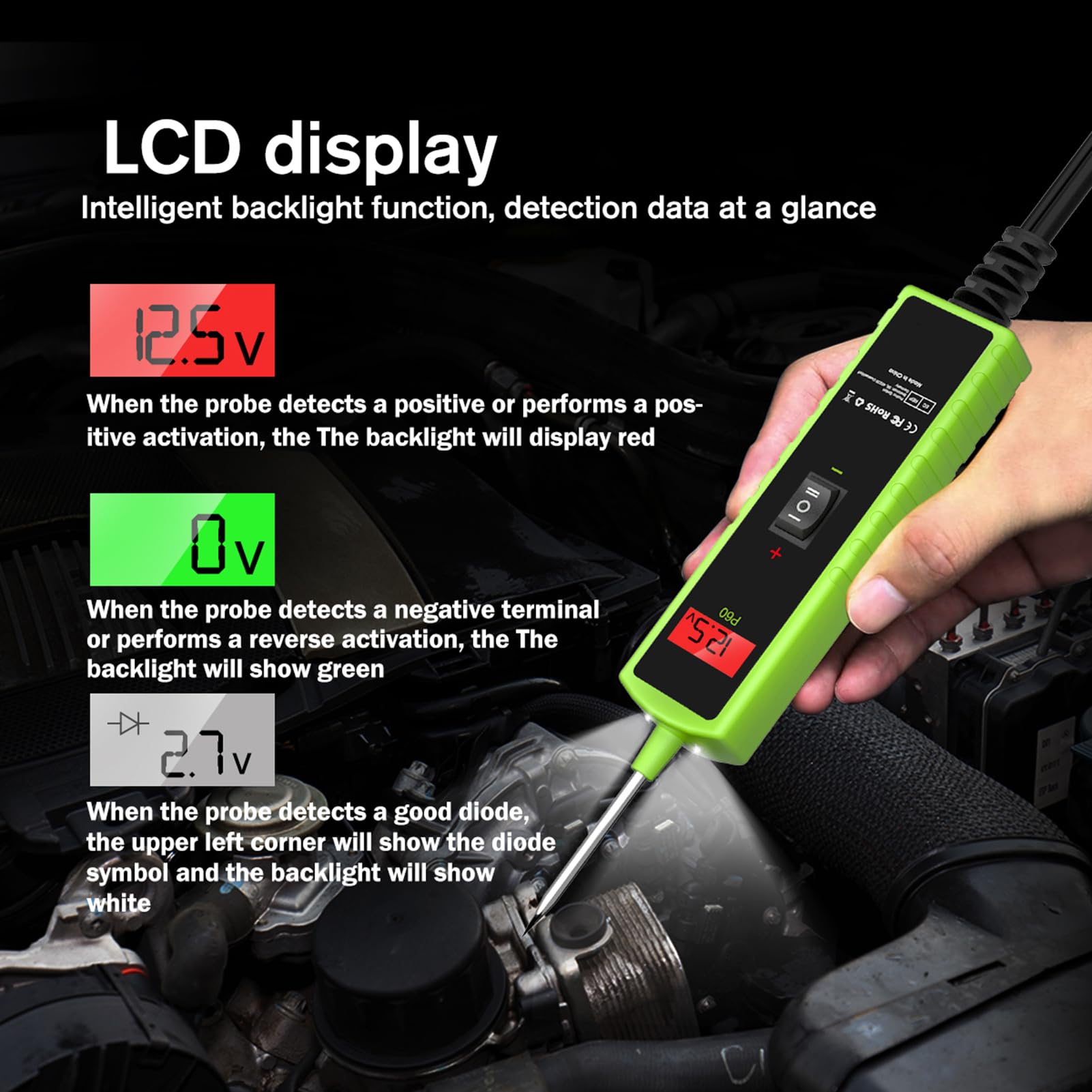 P60 Tester per circuiti automobilistici per auto, camion, SUV, escavatori e barche, tester corto per impianti elettrici da 6 a 30 V con display LCD, torcia e strumento di