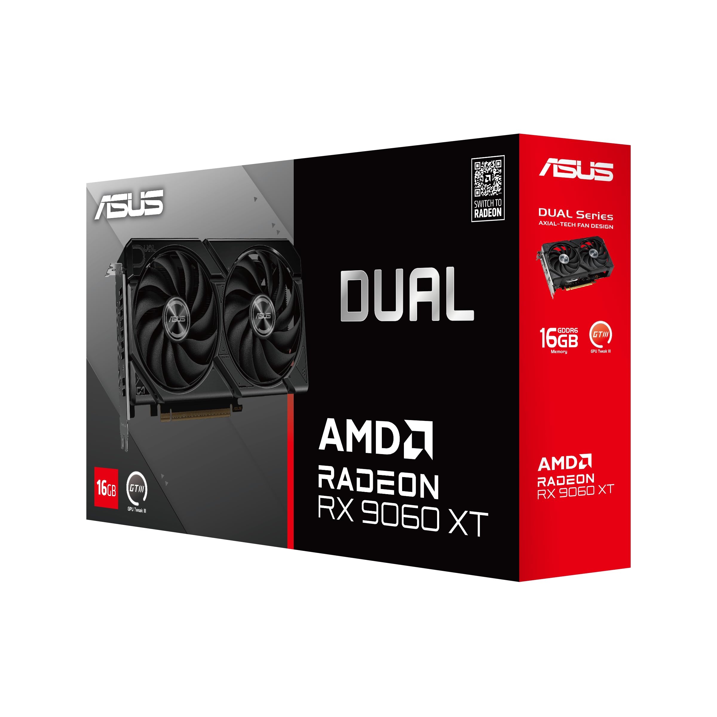 ASUS Dual Radeon RX 9060 XT 16GB GDDR6 Grafikkarte (PCIe 5.0, HDMI 2.1b, DisplayPort 2.1a, 2.5-Slot Design, Axial-Tech-Lüfterdesign, 0dB-Technologie und mehr)