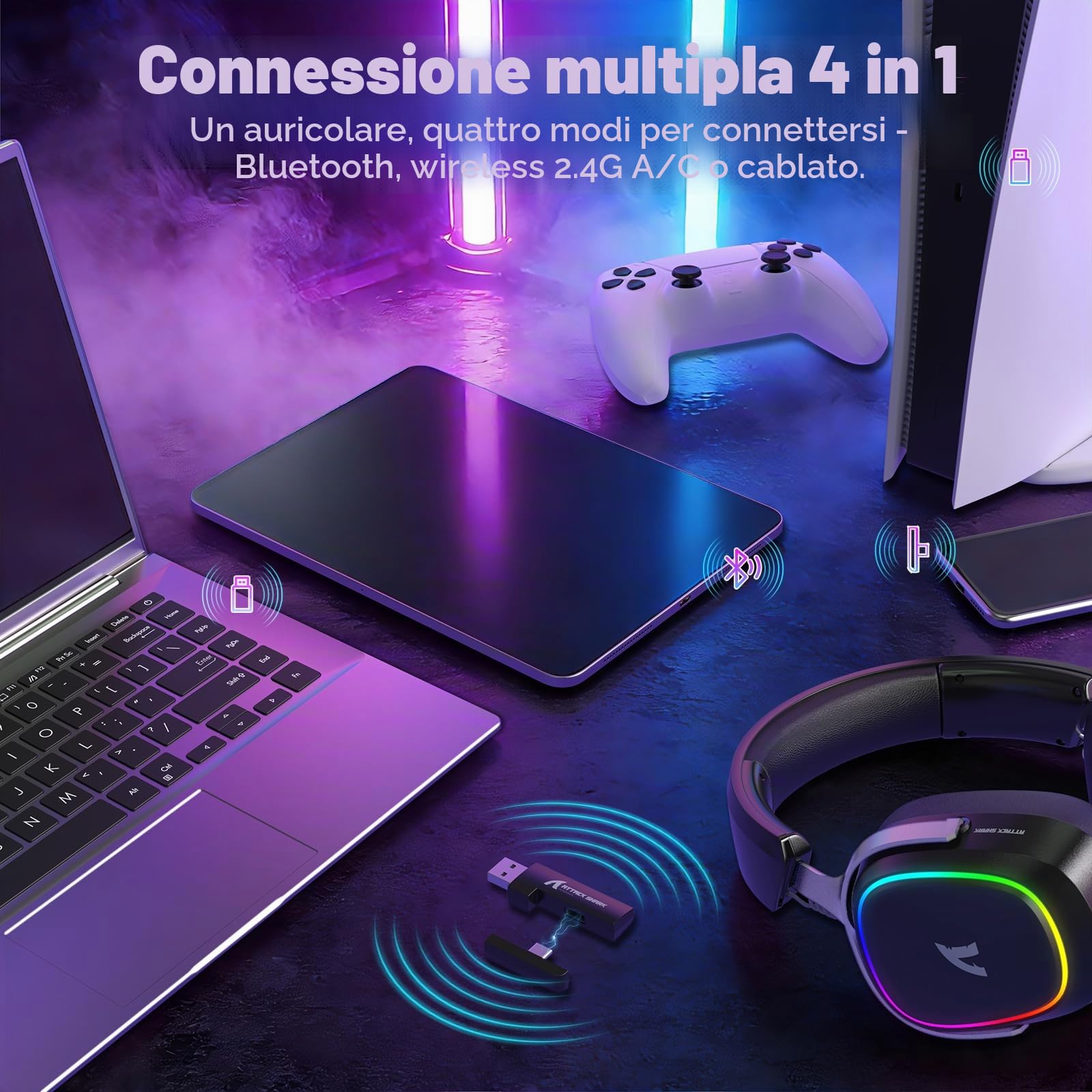 ATTACK SHARK G800 Cuffie Gaming Wireless, Batteria 1000 mAh, Microfono Rimovibile, Telaio in Alluminio, Audio Surround 3D, Latenza 20 ms, Driver 50 mm, 3 Modalità 2.4G/Bluetooth/Cablata