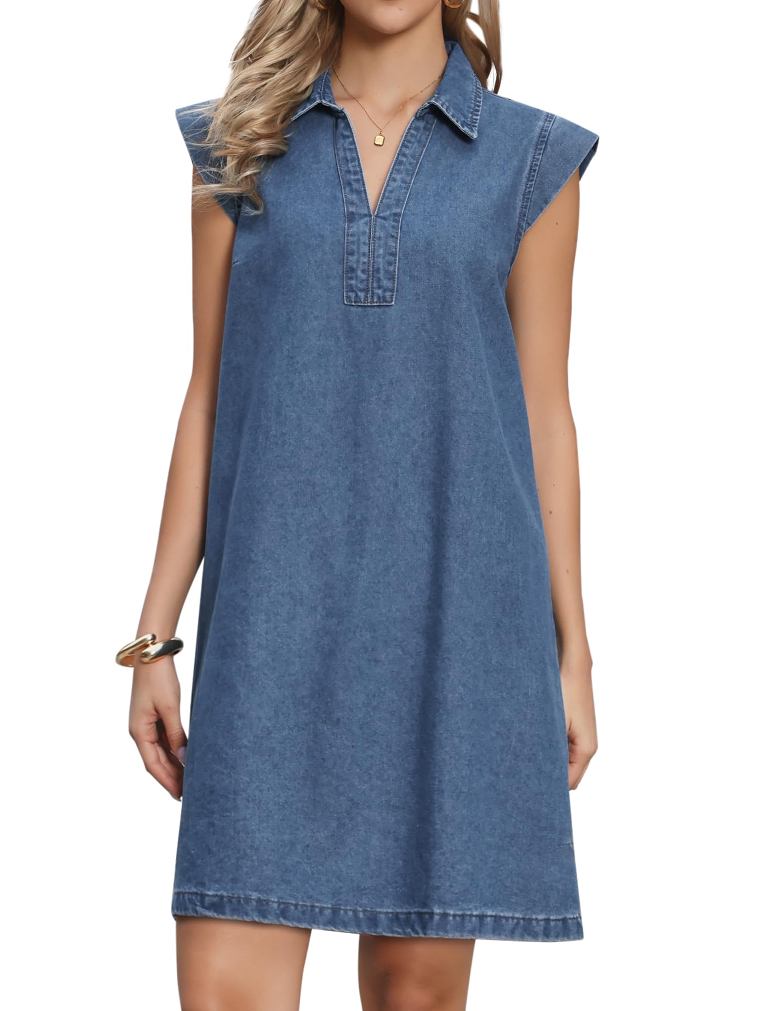 Allegra K Mini Robe en Jean Femme Col V et Manches Courtes Style Chemisier Coupe Ample Au-Dessus du Genou Tunique Décontractée