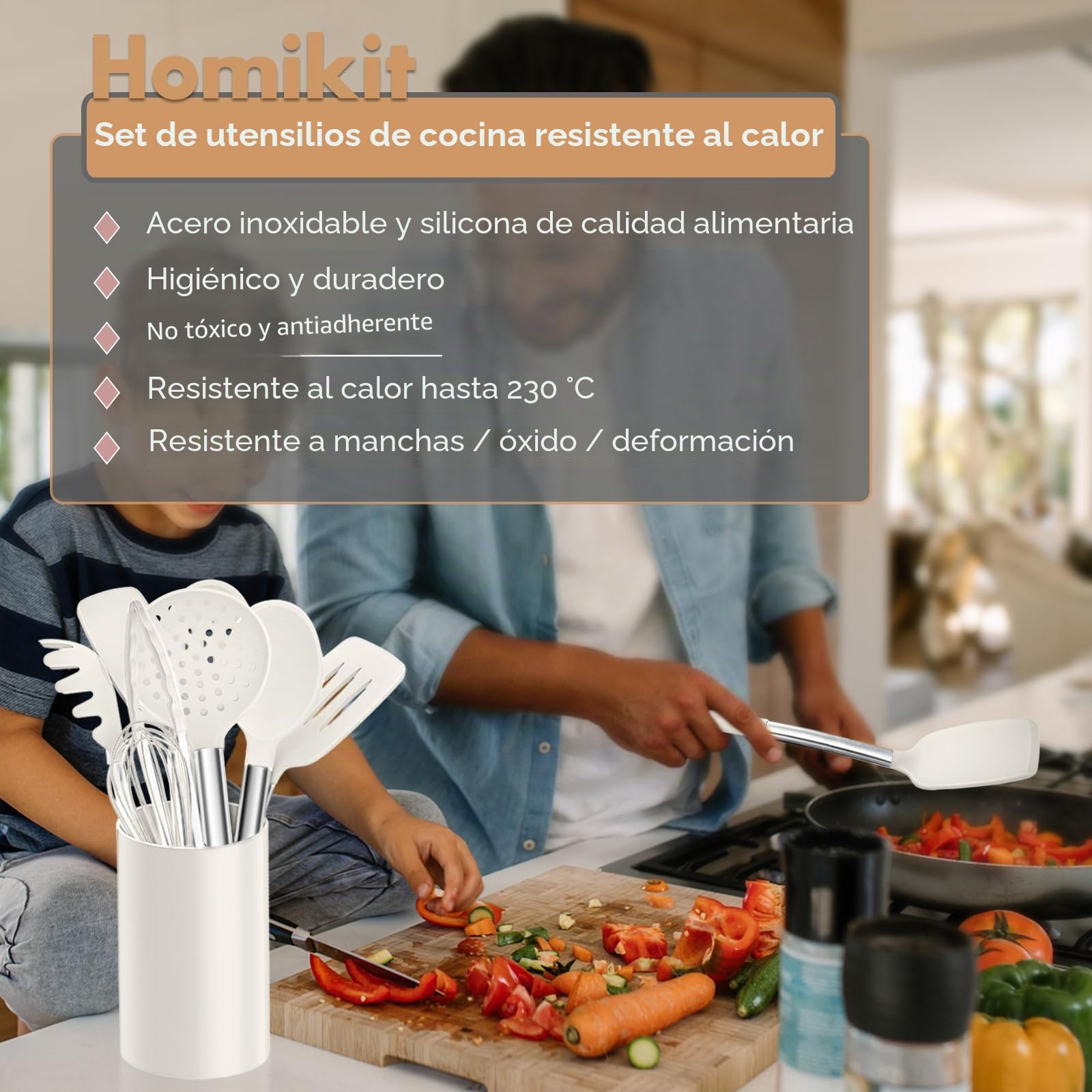 Homikit Juego de utensilios de cocina de silicona, 10 piezas con mango de acero inoxidable, antiadherente, con soporte para utensilios, color blanco