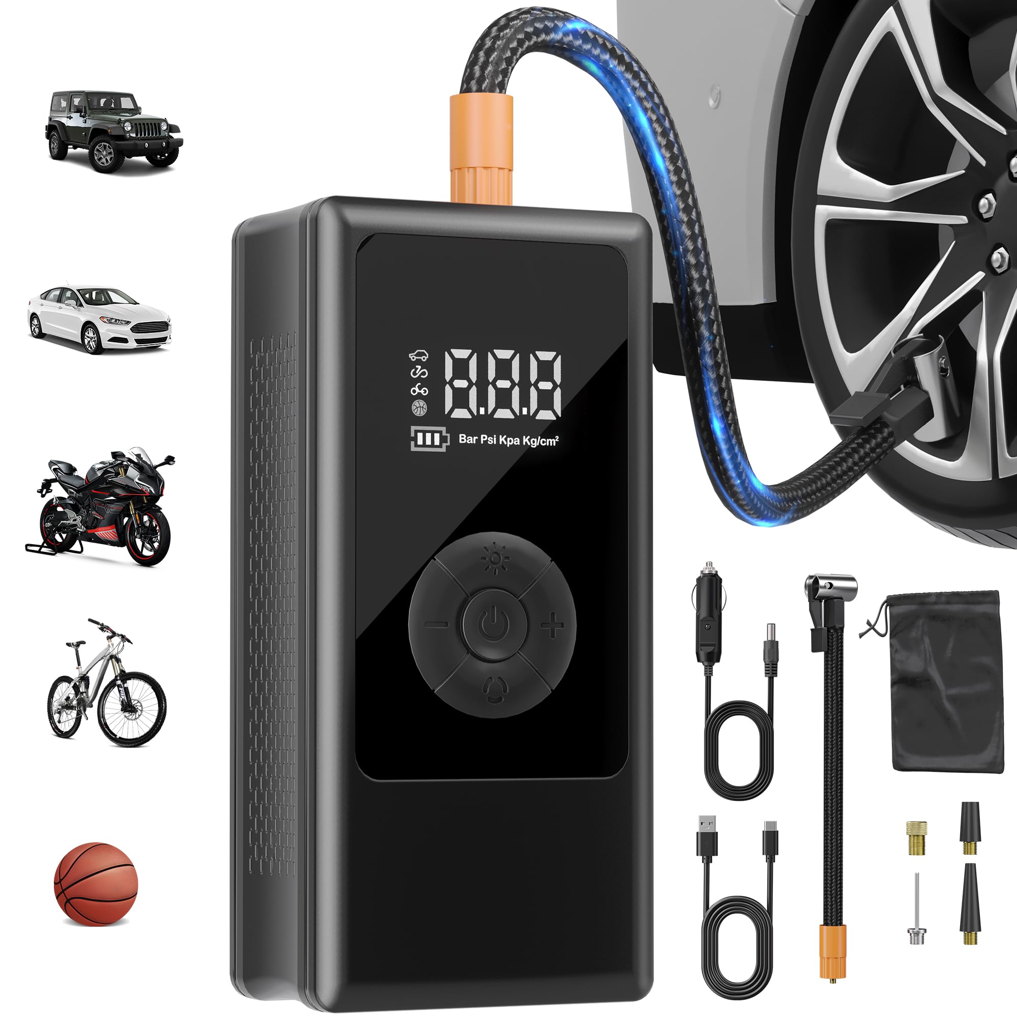 Elektrische Luftpumpe 150PSI, Tragbare 6000mAh Akku Mini Kompressor mit Digitale Anzeige, LED-Licht, USB-Ladeanschluss, Fahrradpumpe Elektrisch für Fahrrad, Auto, Motorrad, Bälle