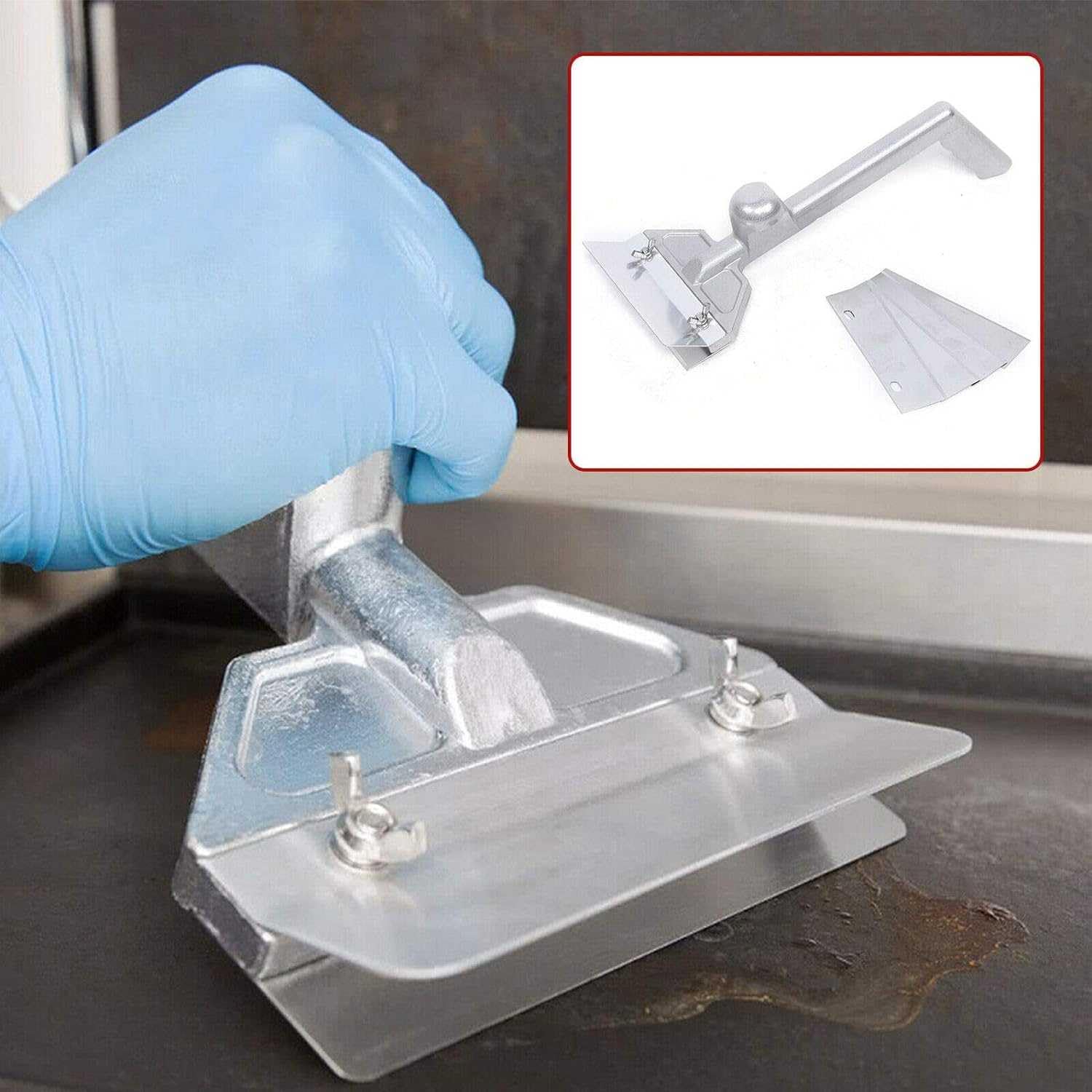Raschietto per griglia con 4 lame, in acciaio inox, resistente, strumento per barbecue per campeggio, piastre, forno per pizza e pulizia barbecue, accessorio essenziale da cucina con manico