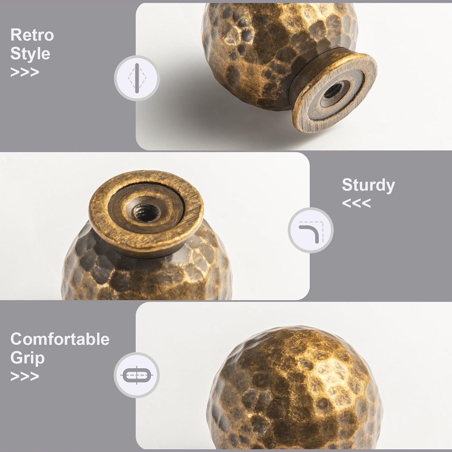 6 Pack Antique Brass Cabinet Knobs, Vintage Hammered Ball Drawer Pulls, Solid Zinc Alloy Round Textured Hardware for Kitchen Cupboard, Dresser, Wardrobe Restoration