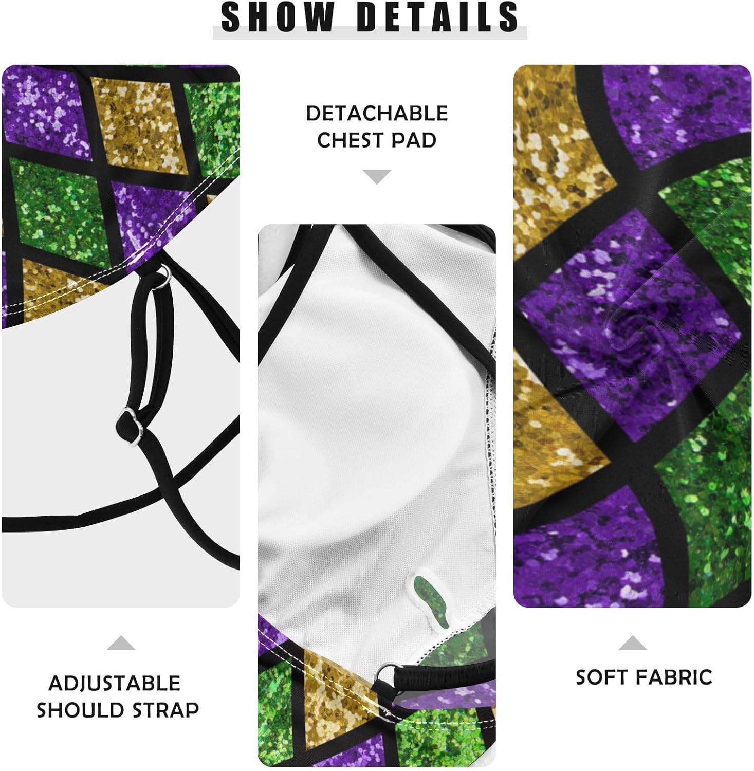 Aflyko Mardi Gras Women Tankini Tops Fleur De Lis Glitter Zigzag Cross Back Swim Shirts - Image 5
