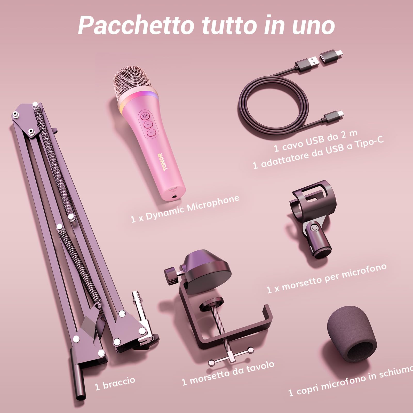 TONOR Microfono Dinamico USB/Tipo C per PC, Microfono da Gioco per Computer Podcast RGB con Supporto da Braccio per Registrazione, Live, Streaming, Youtube, Canto, Studio, Microphone per Karaoke Rosa