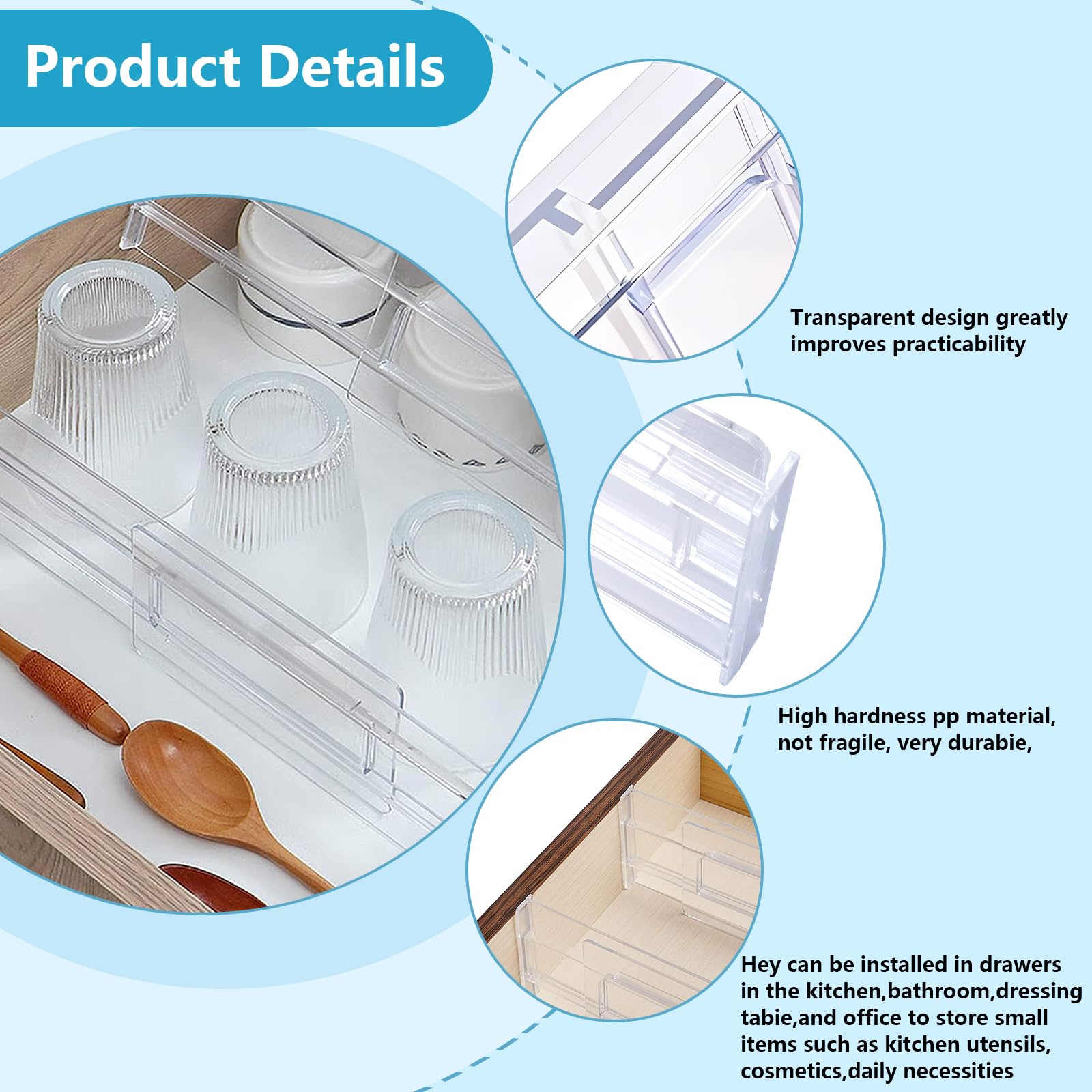 FAMKEEP Plastik çekmece ayırıcı, ayarlanabilir, 8 adet şeffaf çekmece bölücü, çekmece düzenleme sistemi, ayırma duvarları, dolap, iç çamaşırı, çorap, çalışma masası düzenleyici