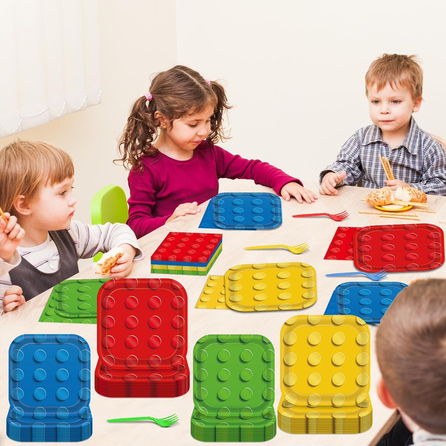 OBUSATT 96PCS Building Block Party Supplies Building Bricks Themed Party Plates and Napkins Colorful Blocks Bricks Square Paper Dinner Desert Plates for Birthday Party Favor Supplies Serve 24 Guests