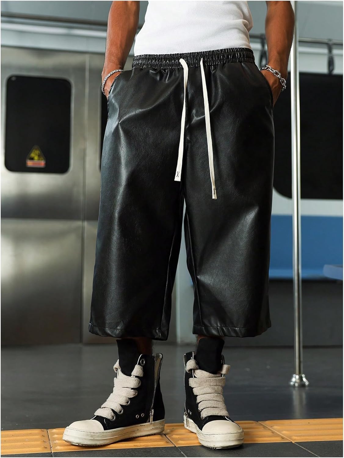 GORGLITTER Men's Faux Leather Shorts Y2k Hip Hop Capris Wide Leg Bermuda Shorts with Pockets Streetwear - Image 4