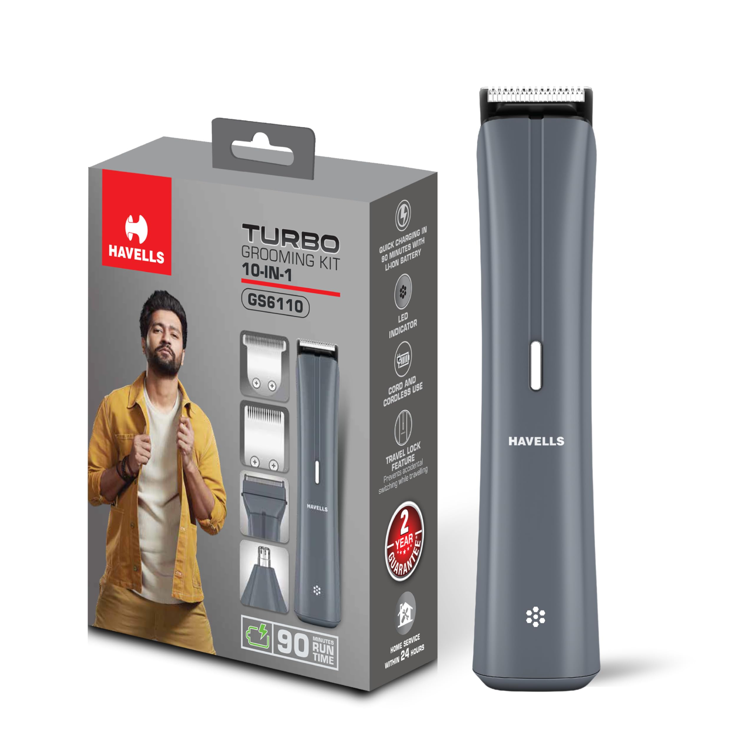 Havells Turbo 10 In 1 Grooming Kit | Hair Trimmer,Face, Ear & Nose | No Nicks & Cuts | GS6110,Unisex, Grey