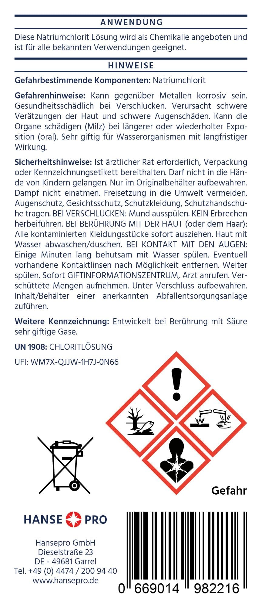 HANSE PRO Natriumchlorit Lösung (25%), 4 x 500 ml, nach Original-Rezeptur, deutsches Qualitätsprodukt