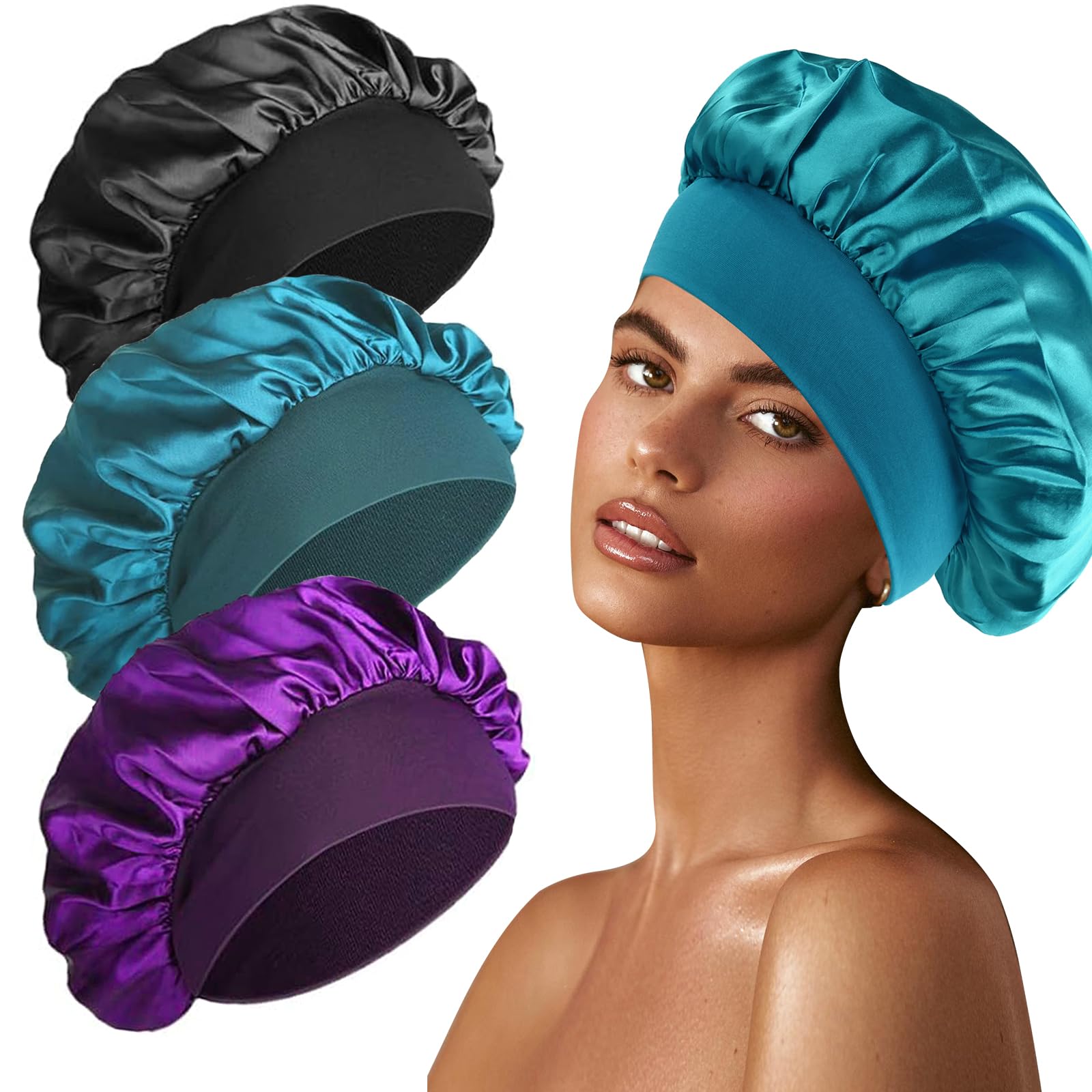 3 Stück Seidenhaube zum Schlafen, Schlafhaube Seide Silk Bonnet Satin Bonnet Sleep Cap Schlafhaube Haare Schützen Lockenhaube zum Schlafen Bonnet Seide Satin Haarhaube für Die Nacht(Schwarz,Blau,Lila)