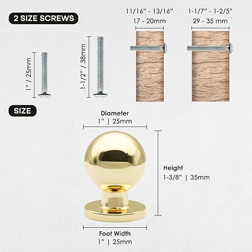 Miniatura 2 de FURFITT Paquete de 10 pomos de bola de latón pulido de 1 pulgada de diámetro, oro brillante, aleación de zinc, pomos para cajones, armarios, cocina,