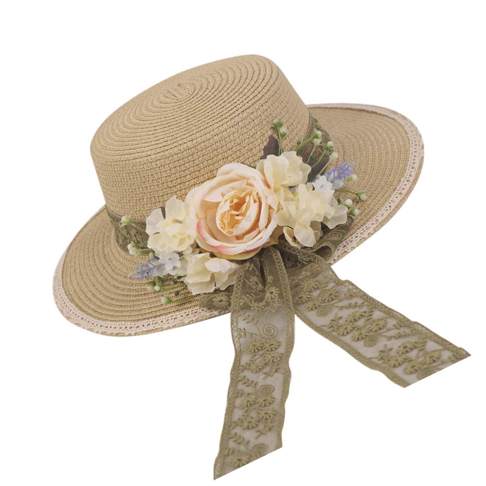 Sombrero Panamá de paja para mujer, sombrero de playa, sombrero de sol con decoración de flores, sombrero de parte superior plana, sombrero de viaje para el sol, sombrero de verano UV
