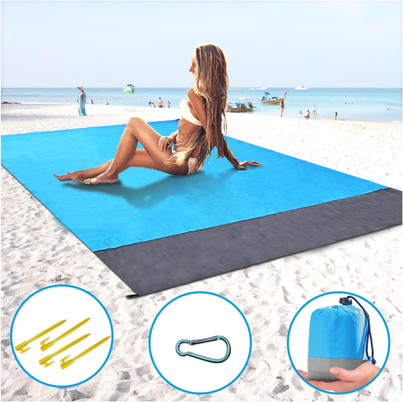 ThreeMay Sand Free Beach Blanket, 55″x78″ Compact Pocket