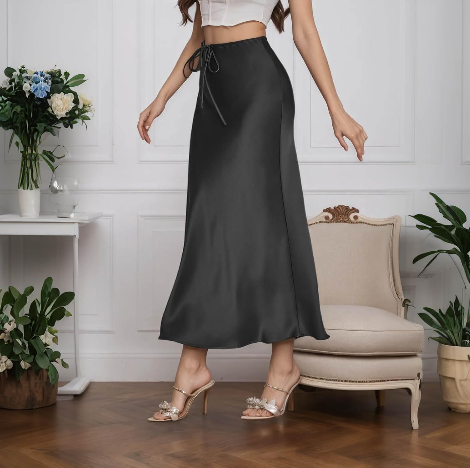 Women’s Silk Satin Skirts Long Maxi Drawstring A-Line Fall Elegant Cocktail Party Wedding Mermaid Midi Skirt - Image 4