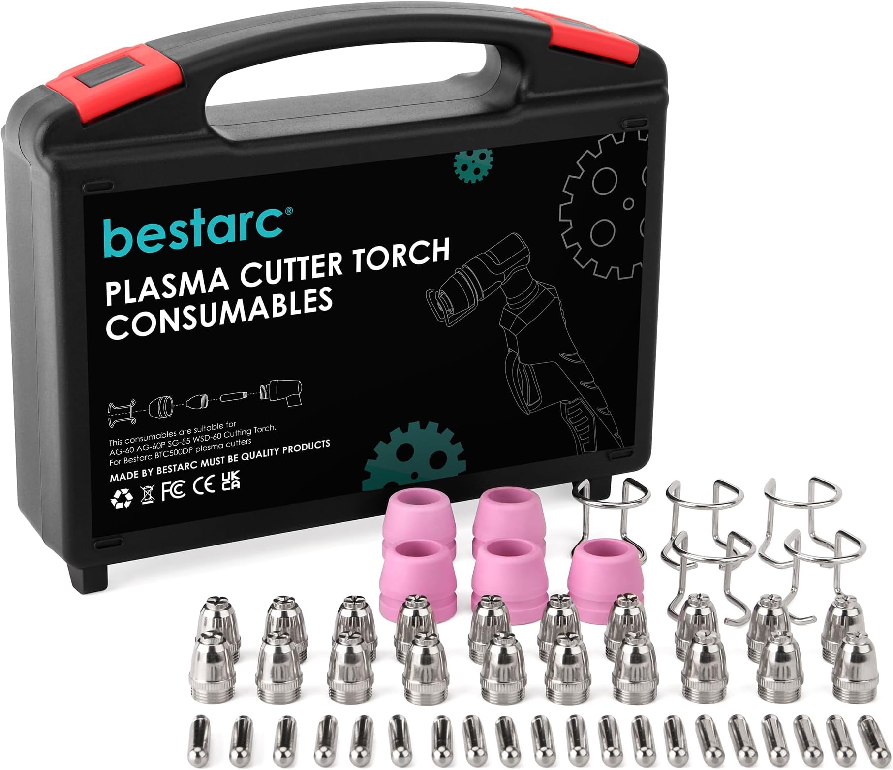 AG60P Plasma Cutter Torch Consumables, 50Pcs Cutting Torch Tip Nozzles Kit with Suitcase, For AG60 WSD60 AG60P and BTC500DP