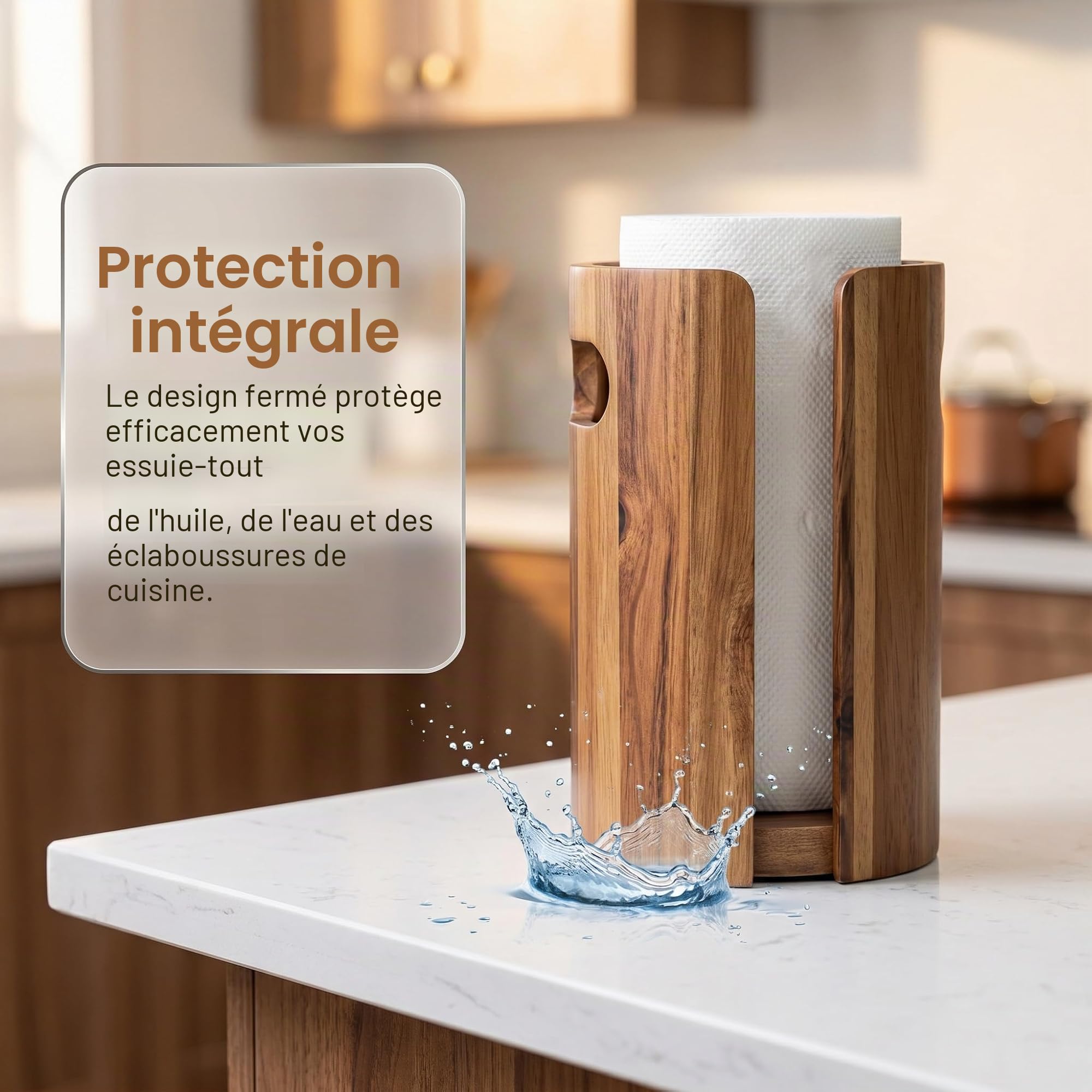 Porte Essuie-Tout en Bois pour Plan de Travail Cuisine, Support Sopalin avec Pare-éclaboussures, Poignées, Base Antidérapante et Lestée – Décor Maison Naturel pour Cuisine, Salle de Bains, Appartemen
