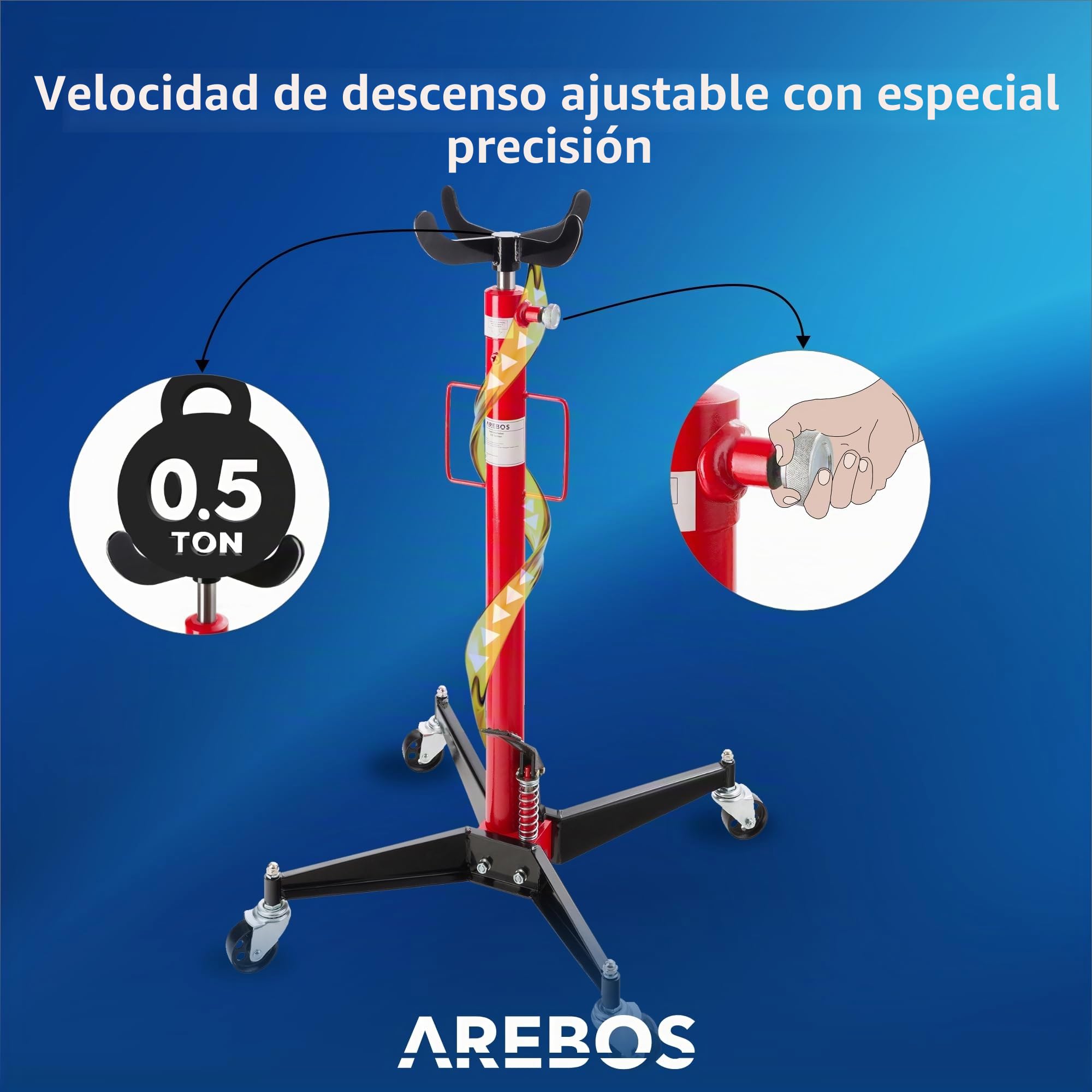 Arebos Elevador hidráulico | Elevador de Motor de 500 kg | Altura de Trabajo 105-185 cm | 4 Ruedas giratorias con Pedal Incluido | Regulable sin escalonamientos | Hidráulico | Rojo/Negro