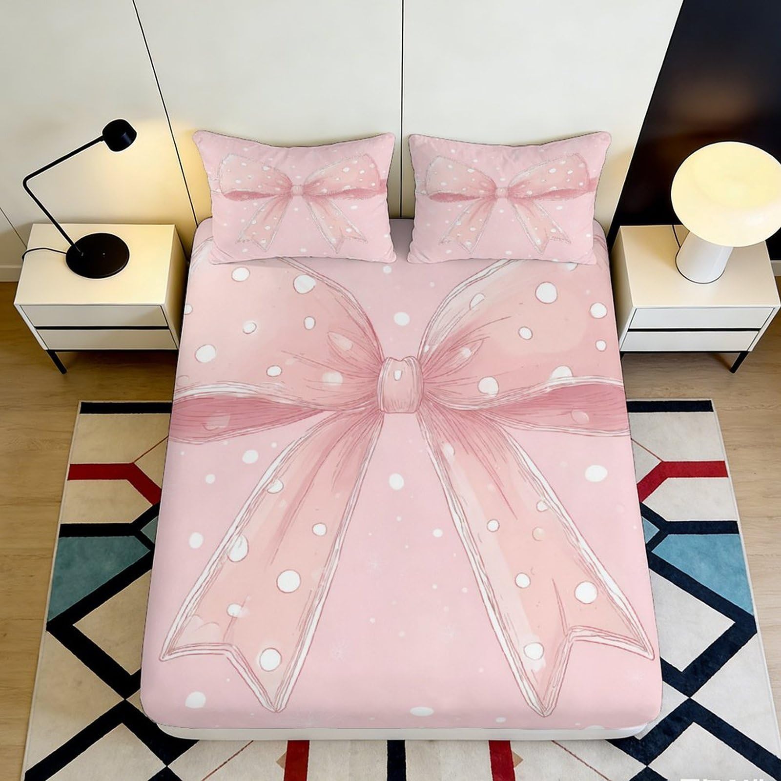 3D Printed Bowknot Fitted Sheet Microfiber Deep Pocket Non-Slip Bedroom Bedding Bow Mattress Fitted Cover Washable for Adults 140x200x25cm