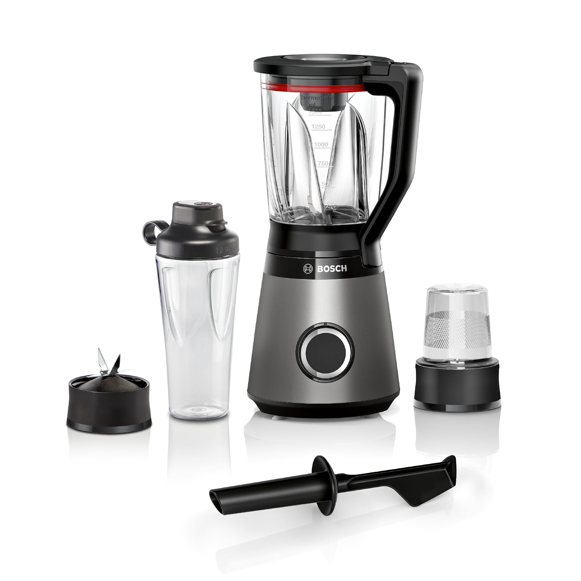 Bosch Serie 4 Frullatore VitaPower MMB4197S, Potente 1200 W, 30.000 giri/min, Lame Rinforzate in Acciaio Inox, Bicchiere Frullatore in Tritan da 1.5 L, Accessori Inclusi, Argento