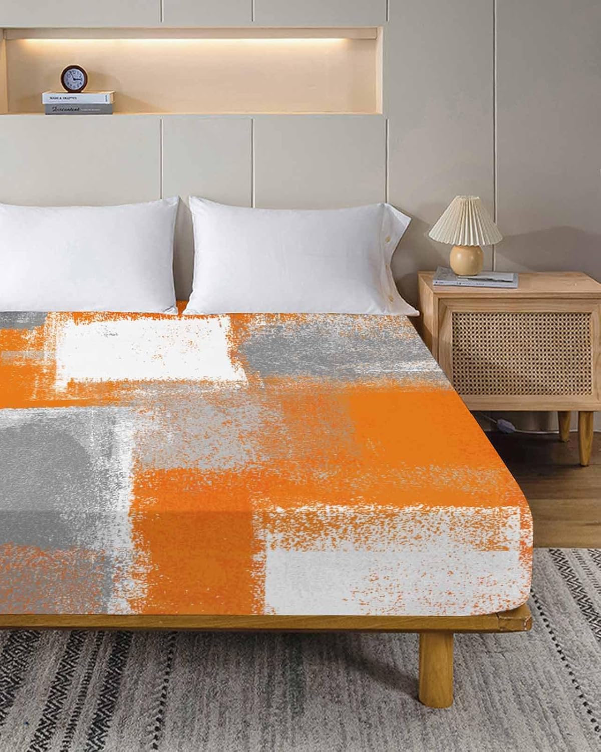 Top Sheet King Bedding Flat Sheet Only, Orange Gradient Oil Painting Style Microfiber Bed Sheets Soft Breathable Bedding Flat Sheets, Gray Color Block Hotel Luxury Top Sheets