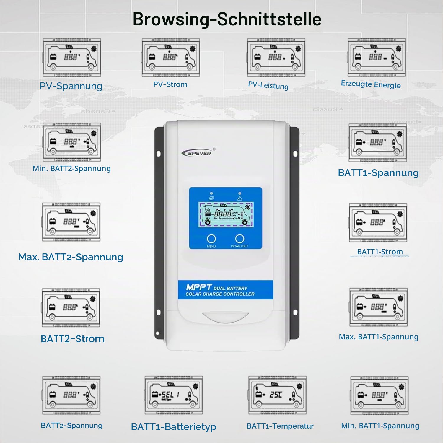 EPEVER® 20A MPPT Solarladeregler für zwei Batterien 12V/24V Automatisch mit LCD Display für Wohnmobil, Wohnwagen, Boot, Anhänger, geeignet für versiegelte, Gel, geflutete, Lithium Batterien - DR2210N