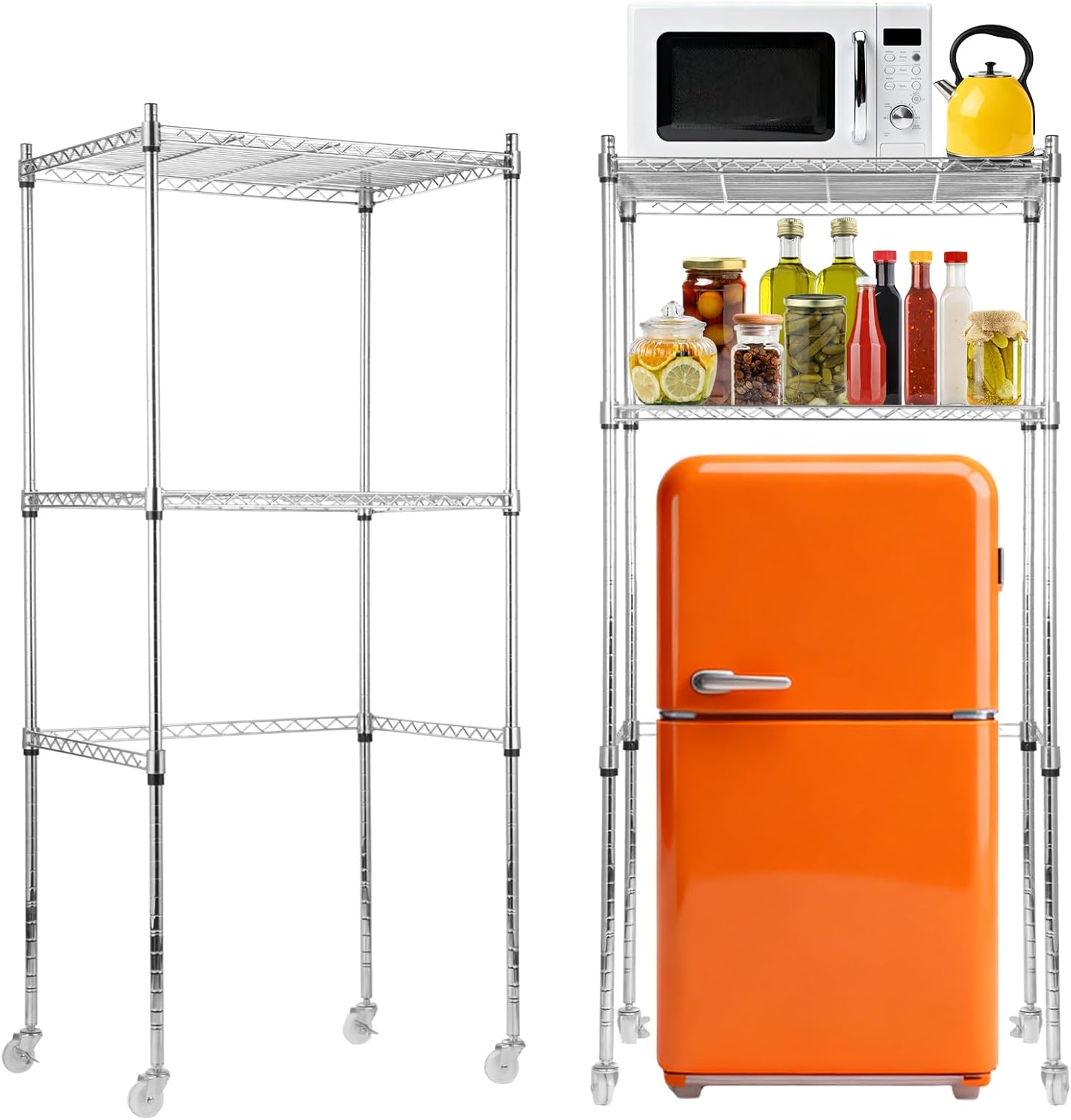 2 Tier Mini Fridge Shelf Over Fridge Storage Mini Fridge Shelf with Storage for Dorm Height Adjustable Fridge Storage Rack with Lockable Wheels for College School Office Space Dorm