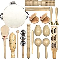 LHYCS 15PCS Natural Wooden Musical Instruments Set for Kids - Tambourine Maracas Bells Percussion Kit with Storage Bag