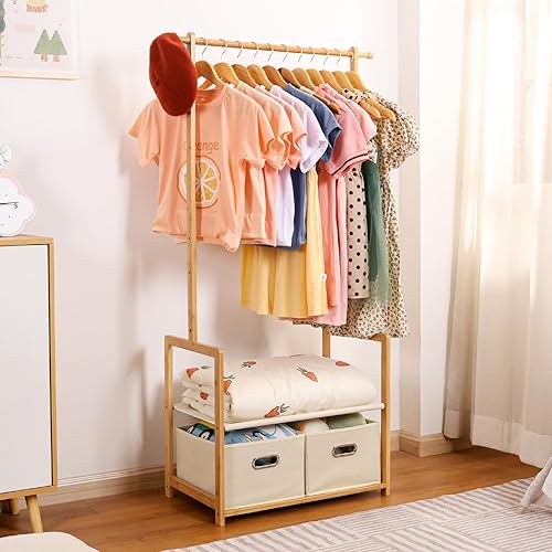 Miniatura 8 de Perchero de bambú para niños con 2 cestas de almacenamiento y 2 varillas ajustables para colgar, estante de ropa para niños, estante de disfraces