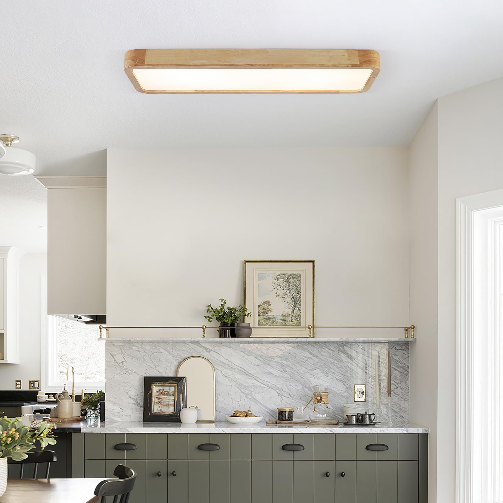 Bois Plafonnier LED,Chambre Luminaires IntéRieur 80 * 30Cm Carré Cuisine Lampe 36W ContrôLe Dimmable Grand Luminaire Plafonnier Pour Salon Atelier