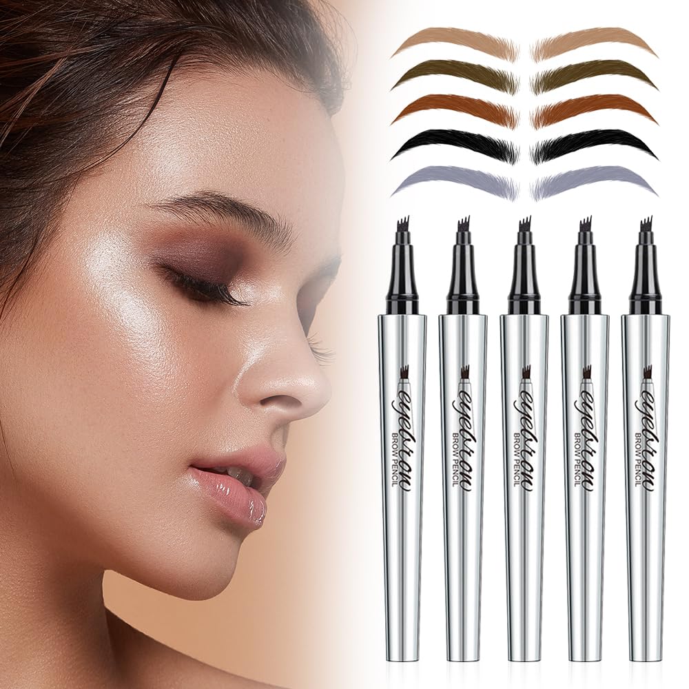 Lápiz de cejas 3D resistente al agua con 4 puntas de horquilla, lápiz de cejas microblading, dibujo de vello, lápiz de cejas de 4 puntos, maquillaje natural de cejas de larga duración (5 unidades)
