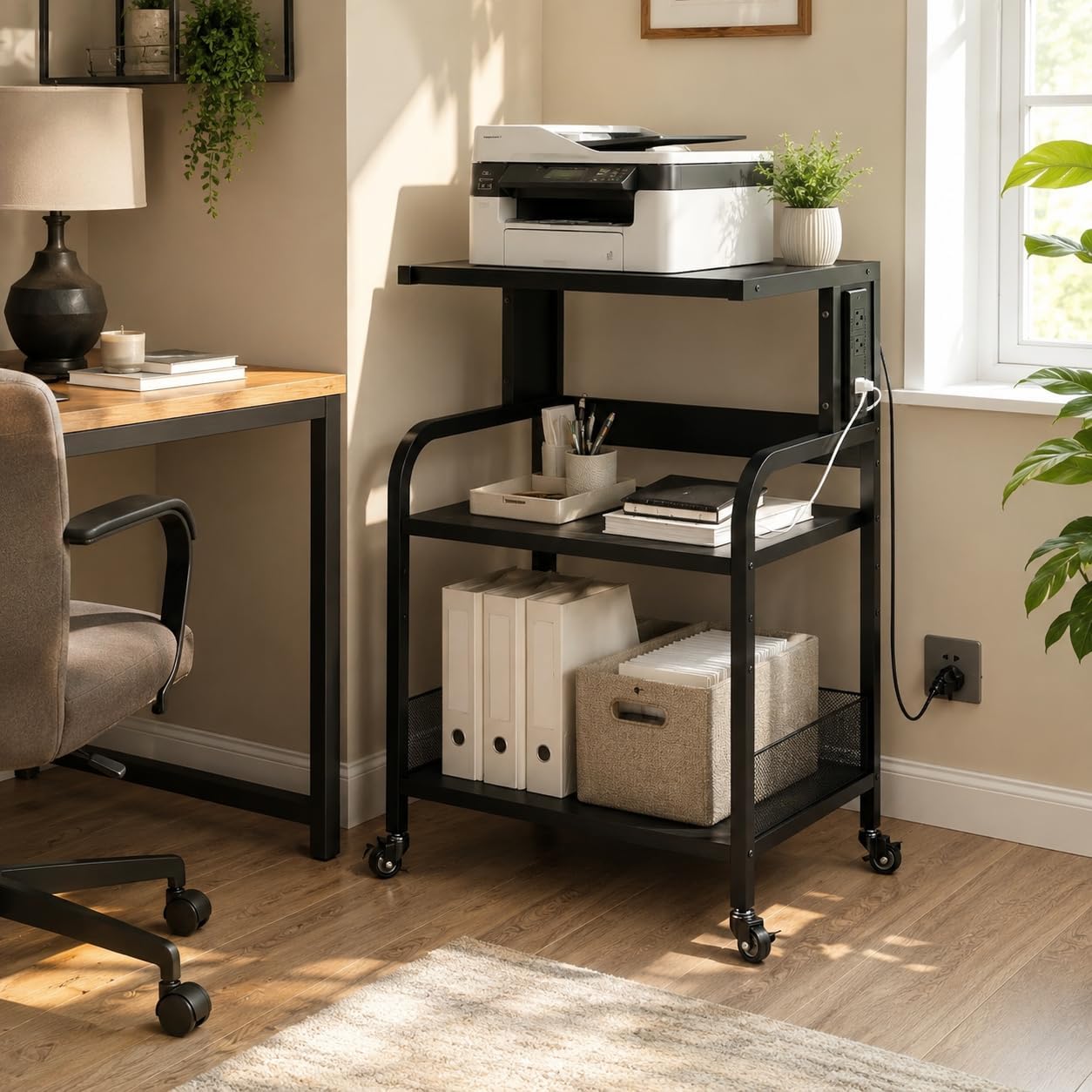 Garvee 3-Tier Large Printer Stand with Power Outlets & USB Ports, Industrial Rolling Printer Cart with Heavy Duty Metal Frame & Adjustable Shelf, with Storage & Lockable Wheels for Home Office, Black
