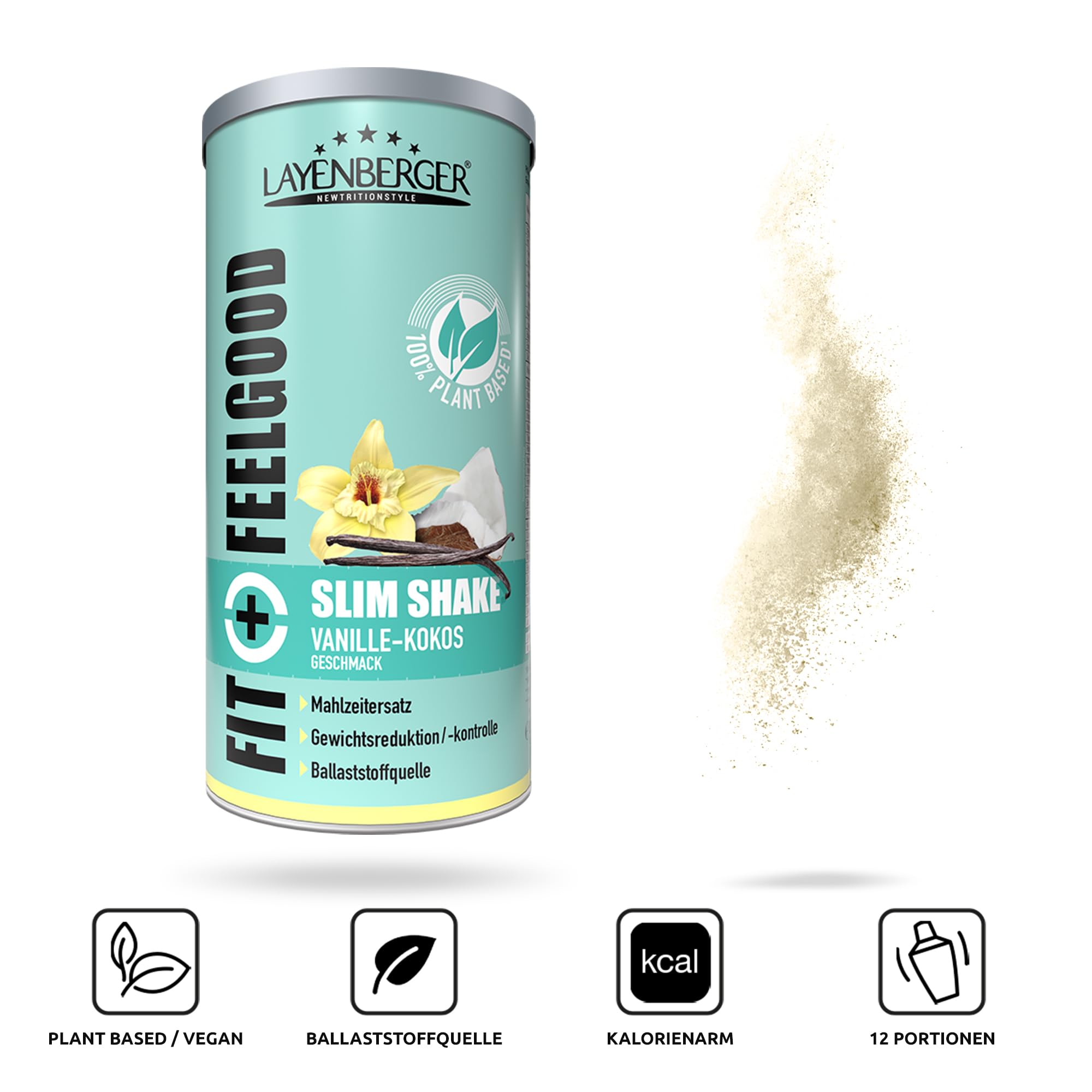 Layenberger Fit+Feelgood Slim Shake Powder vegan - Mahlzeitersatz für 12 Portionen, je 204 kcal, (1x 396 g) - Vanille-Kokos (Packung mit 2)