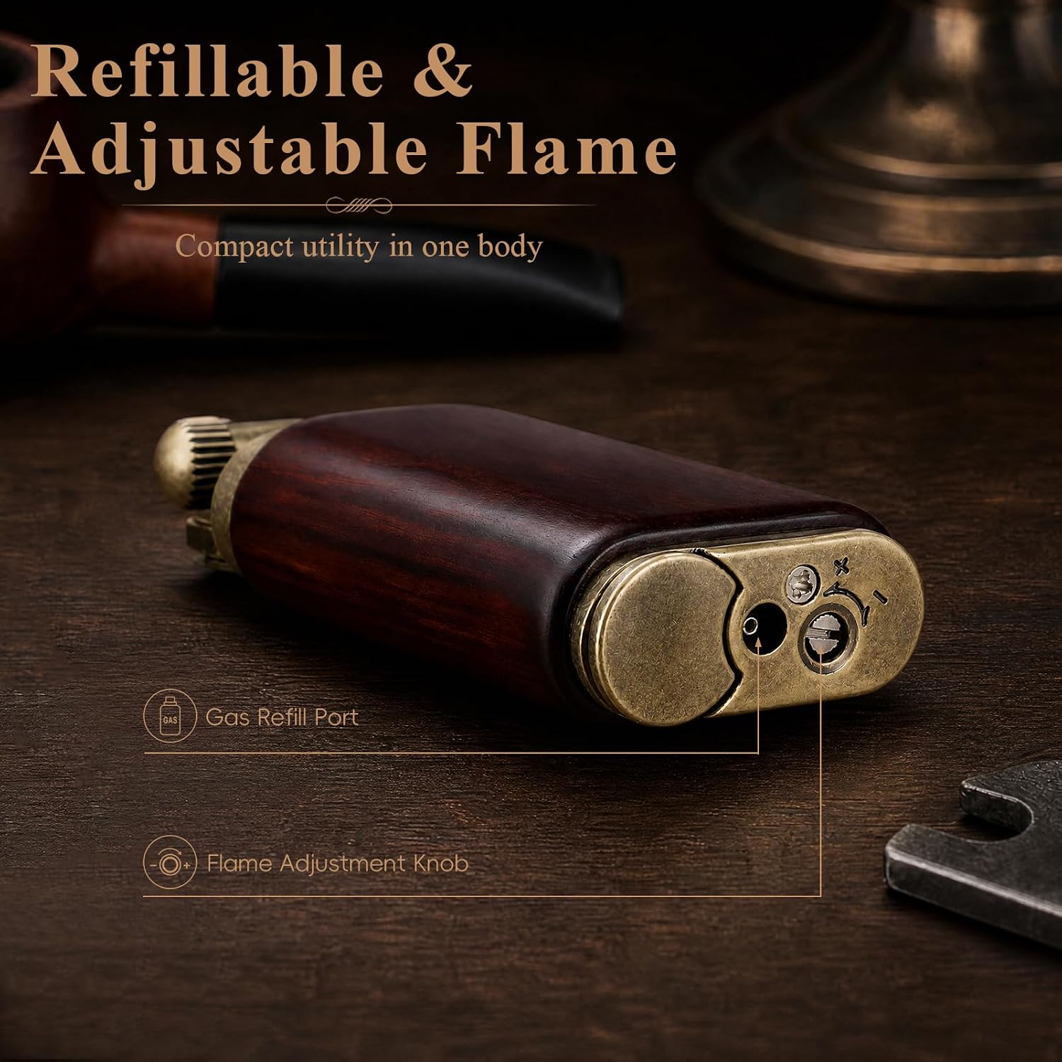 RUIXI Lighter bottom showing gas refill port and flame adjustment knob