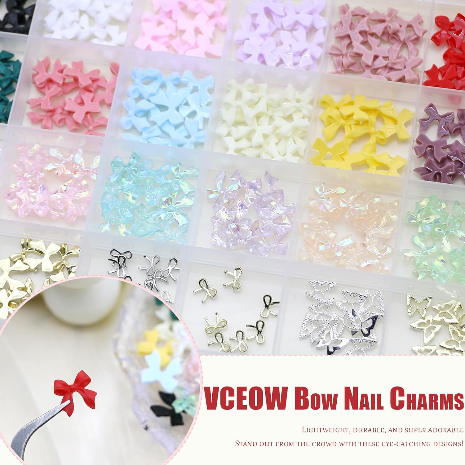 3D Bow Nail Charms 24grids Cute Colorful Nail Art Accessories with Pickup Tools Butterfly Charms Decor for DIY Manicure Crafts Design Jewelry Making