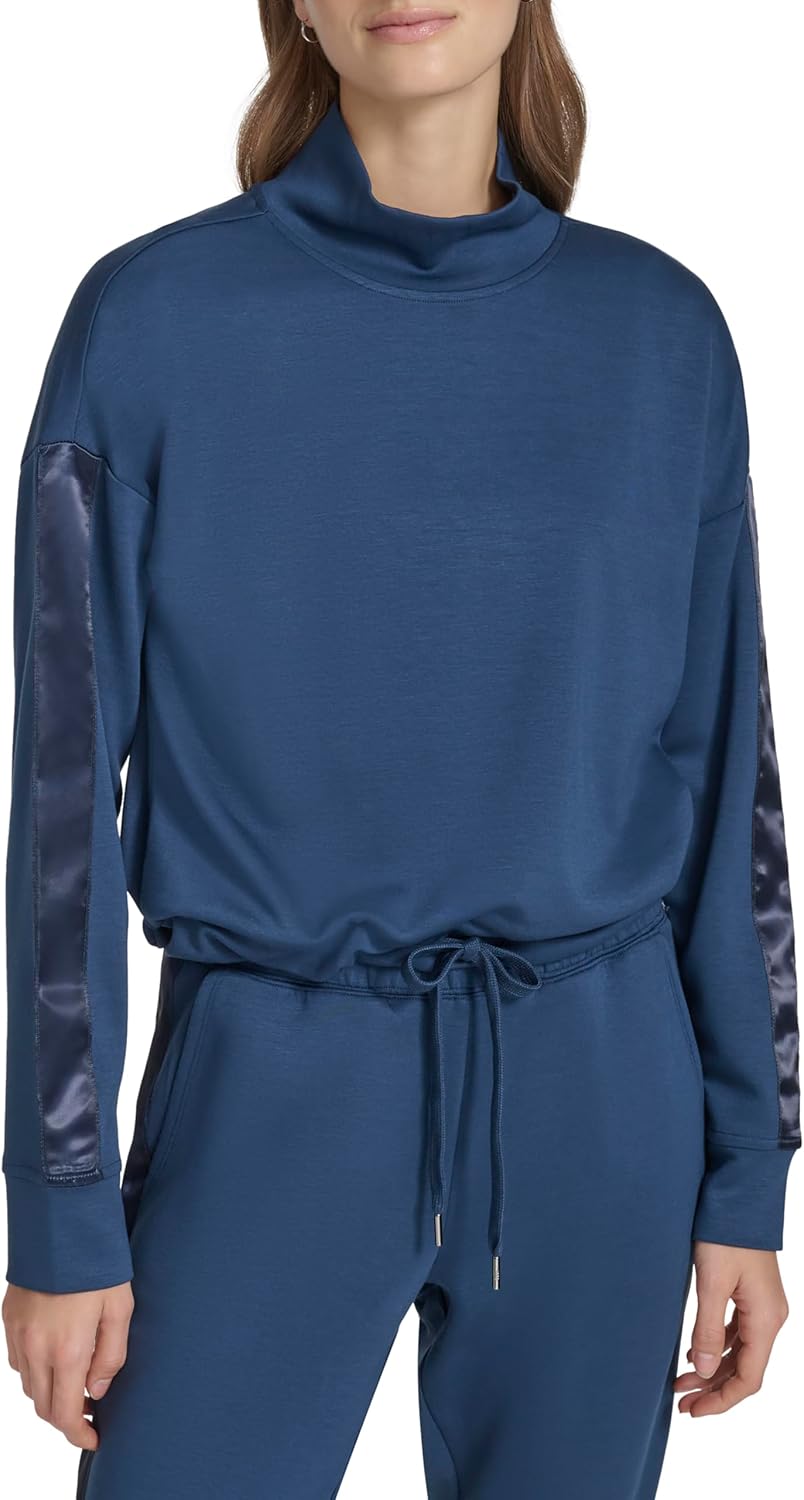 Andrew Marc Womens Drawstring Waist Satin Taping Turtleneck Shirt