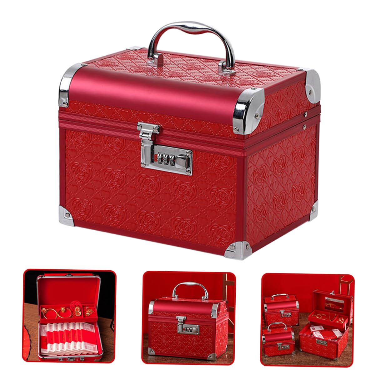 Schmuckkästchen mit Zahlenschloss Mittlere Größe 20X15X16cm Aluminiumlegierung Rote Vintage Aufbewahrungsbox für Hochzeit und Schreibtisch