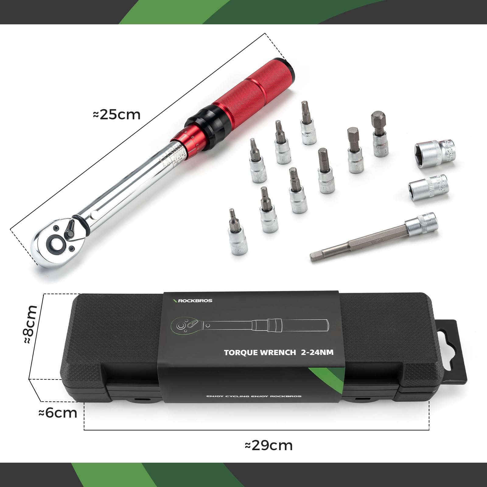 ROCKBROS Chiave Dinamometrica Bici 2-24 Nm, Set Chiavi a Cricchetto 1/4 | Cricchetto Reversibile a 72 Denti, Regolazione Micrometrica a 5°, Precisione di Errore ± 3%, per la Manutenzione di Bici