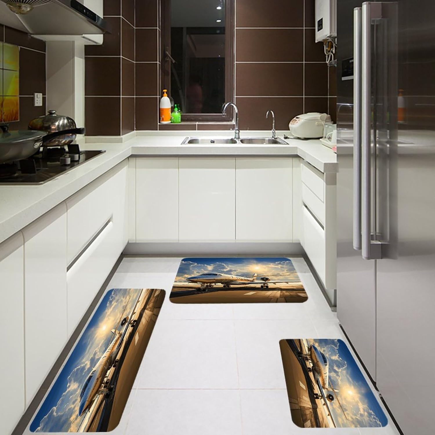 Private Plane Kitchen Rugs Sets of 3 Washable Non Slip Kitchen Rug Water Resistant Carpet Piece Anti Fatigue Kitchen Mats Soft Comfort Standing Mat Modern Area Rug