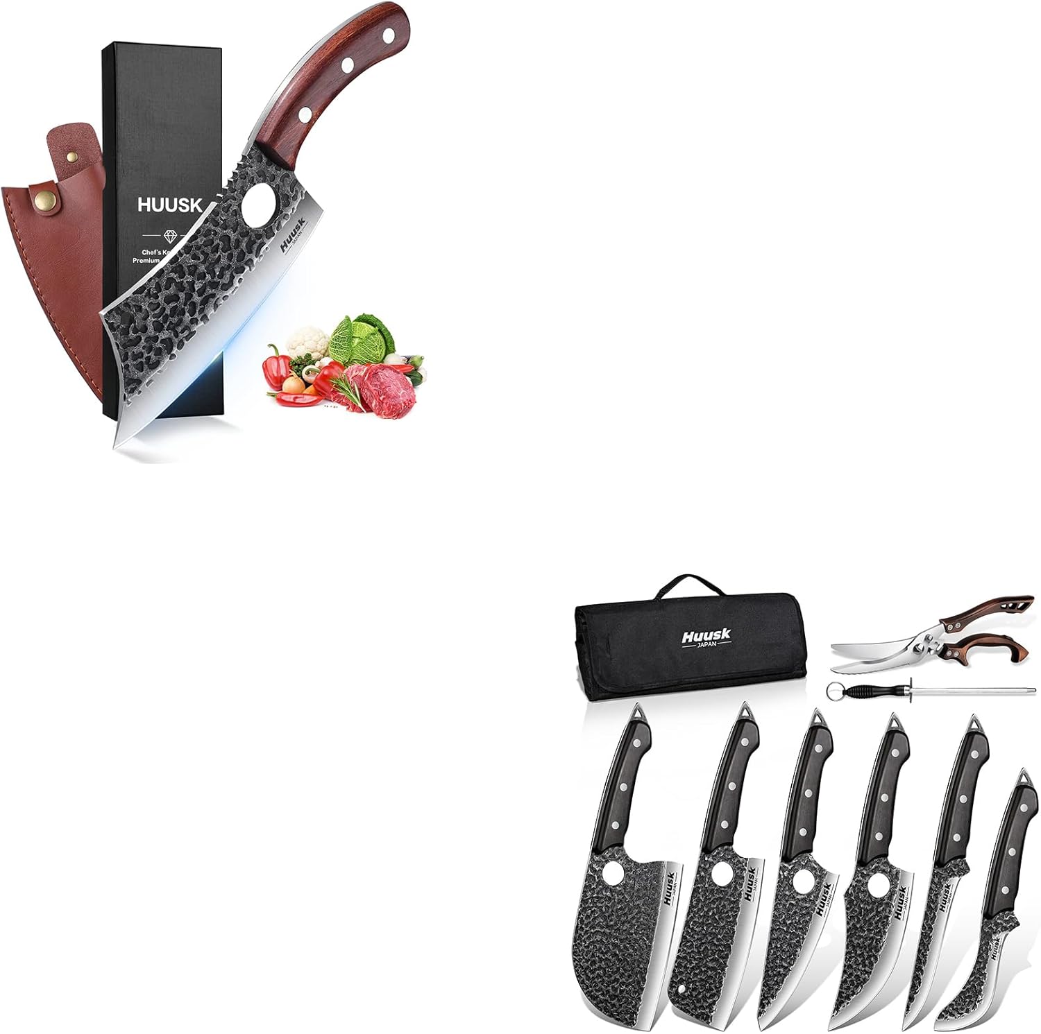 Huusk Serbian Chef Knife Set - 6Pcs Bundle with a Hand-Forged Meat Cleaver