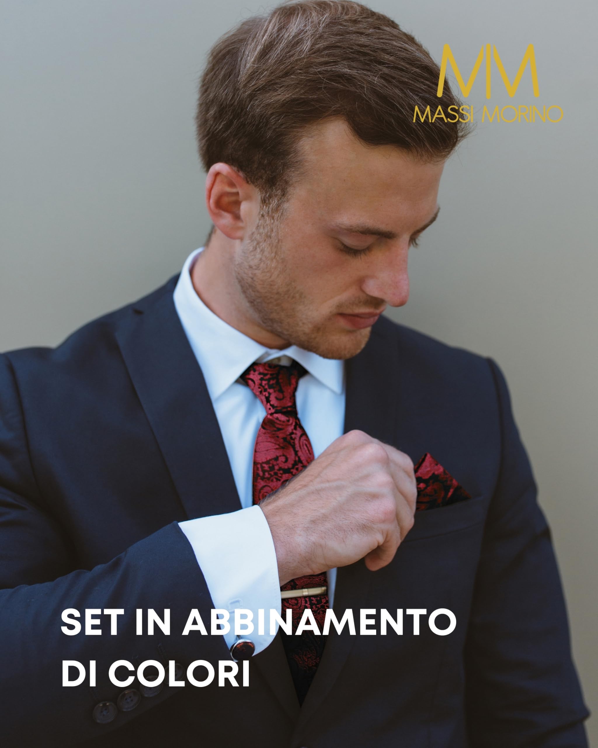 Massi Morino Cravatta e fazzoletto da uomo - con camicia gemelli, parure fermacravatta set I Accessori sposa I Cravatte Elegante Confezione Regalo