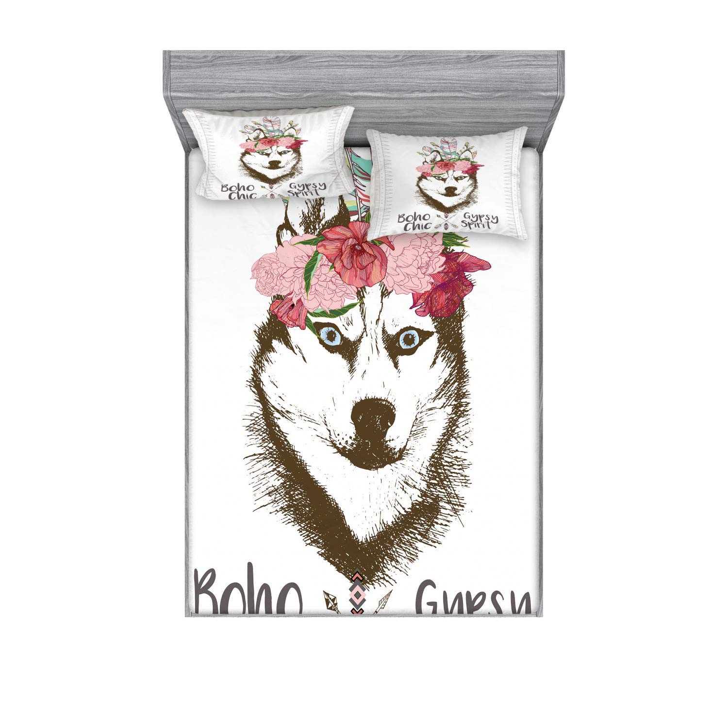 Ambesonne Wolf Fitted Sheet & Pillow Sham Set, Pattern of Floral Head Portrait of Siberian Husky Dog Tribal Arrow Elements Image, Decorative Printed 3 Piece Bedding Decor Set, Queen, Rose Brown