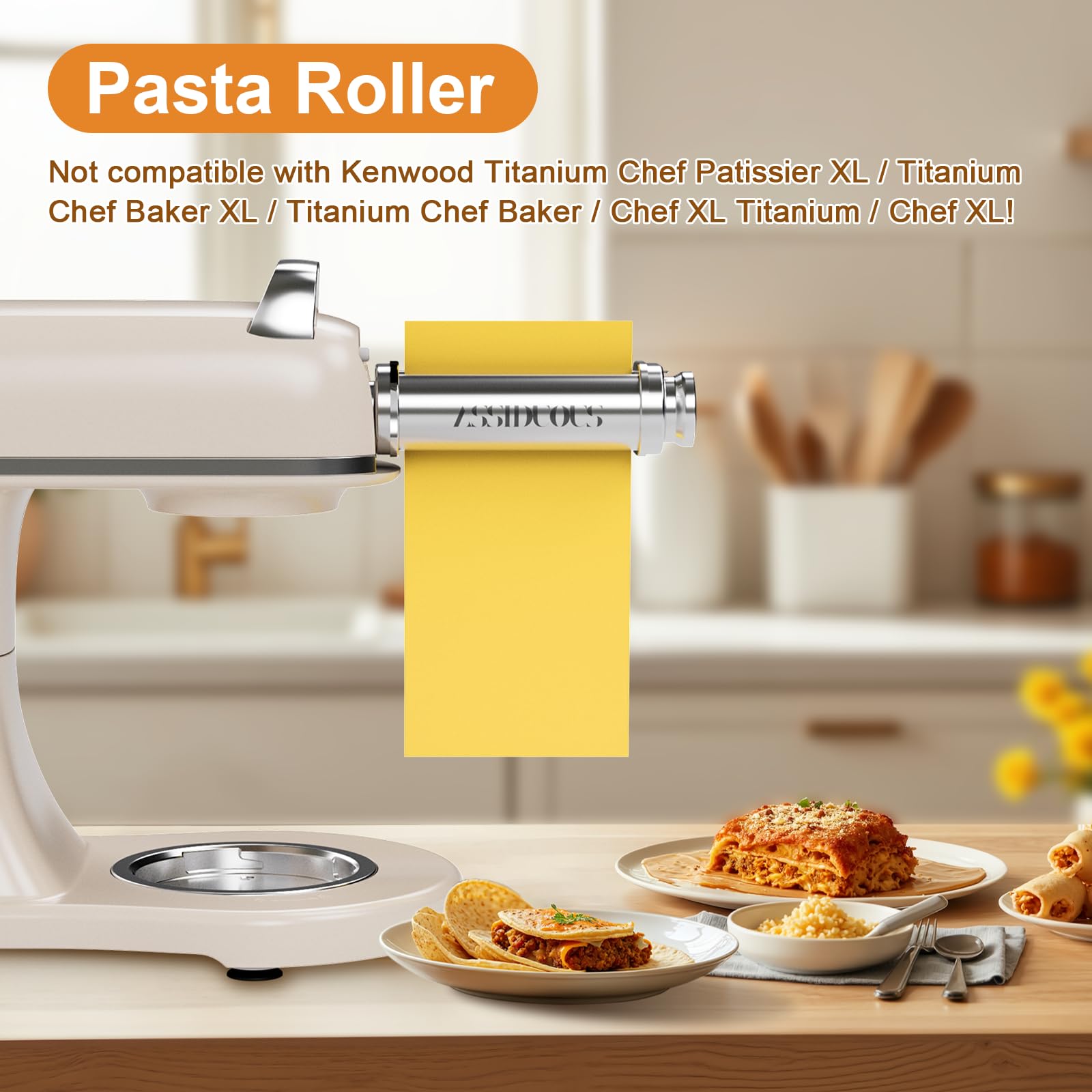 Nudelaufsatz für KVC/KVL Kenwood Küchenmaschinen, 3-in-1 Nudelroller Aufsatz Edelstahl Nudelvorsatz für Kenwood, mit Nudelblattroller Spaghettischneider Fettuccineschneider
