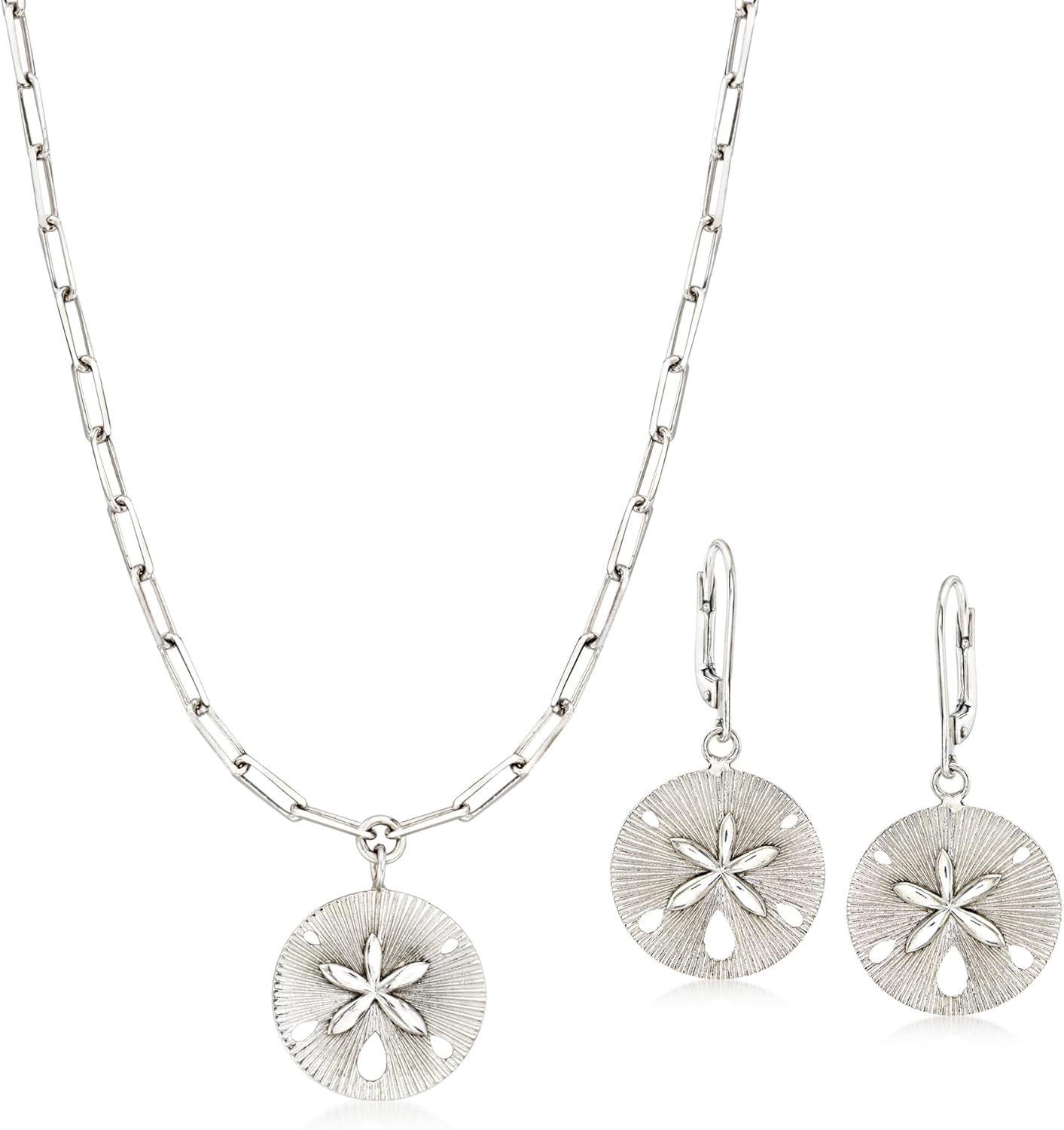 Ross-Simons Sterling Silver Sand Dollar Jewelry Set: Drop Earrings and Necklace. 18 inches