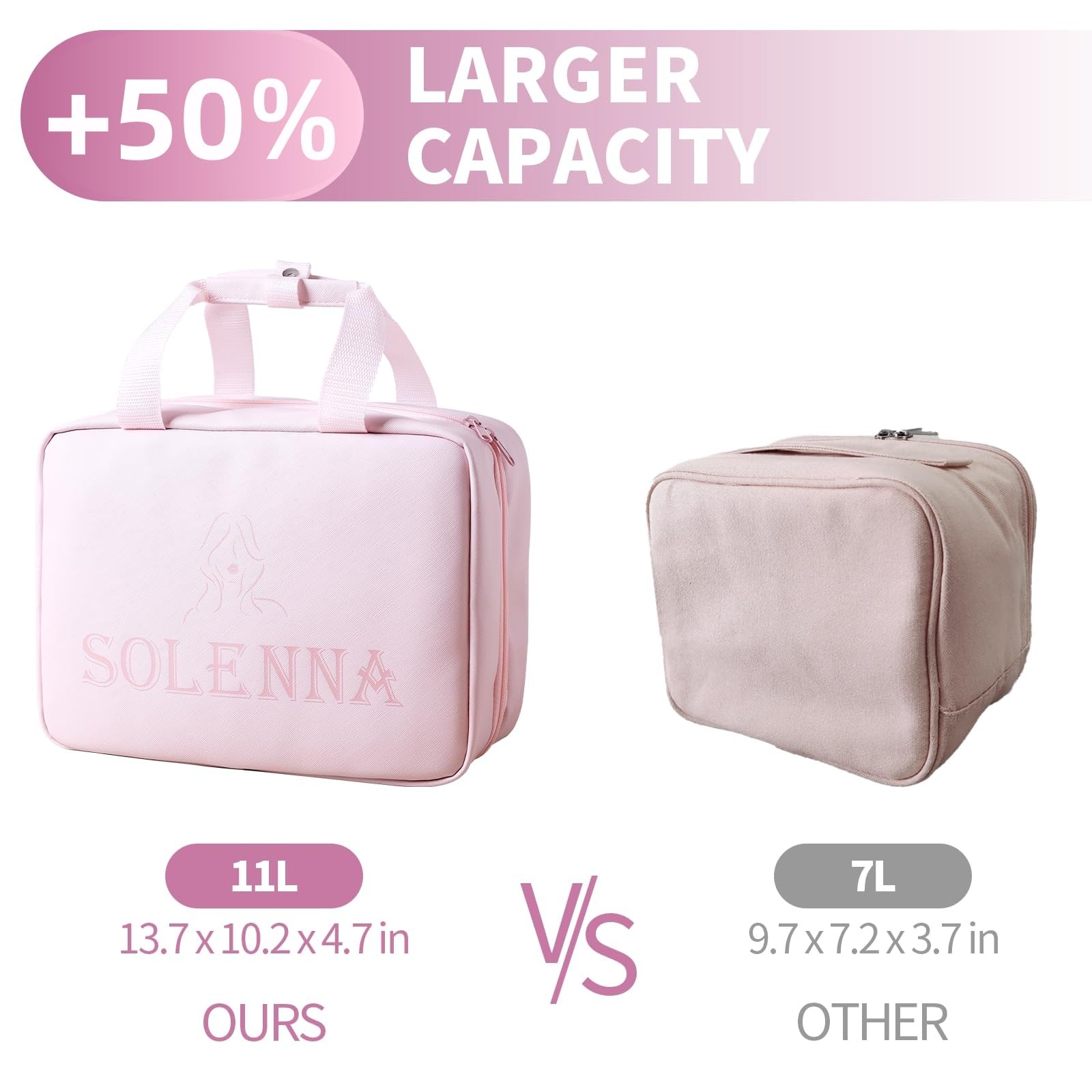 Solenna Pink Travel Toiletry Bag for Women Girls, Large Waterproof Leather Makeup Cosmetic Bag with 2 Removable Clear Bags, Portable Hanging Make Up Bag Bathroom Shower Toiletries Travel Organizer