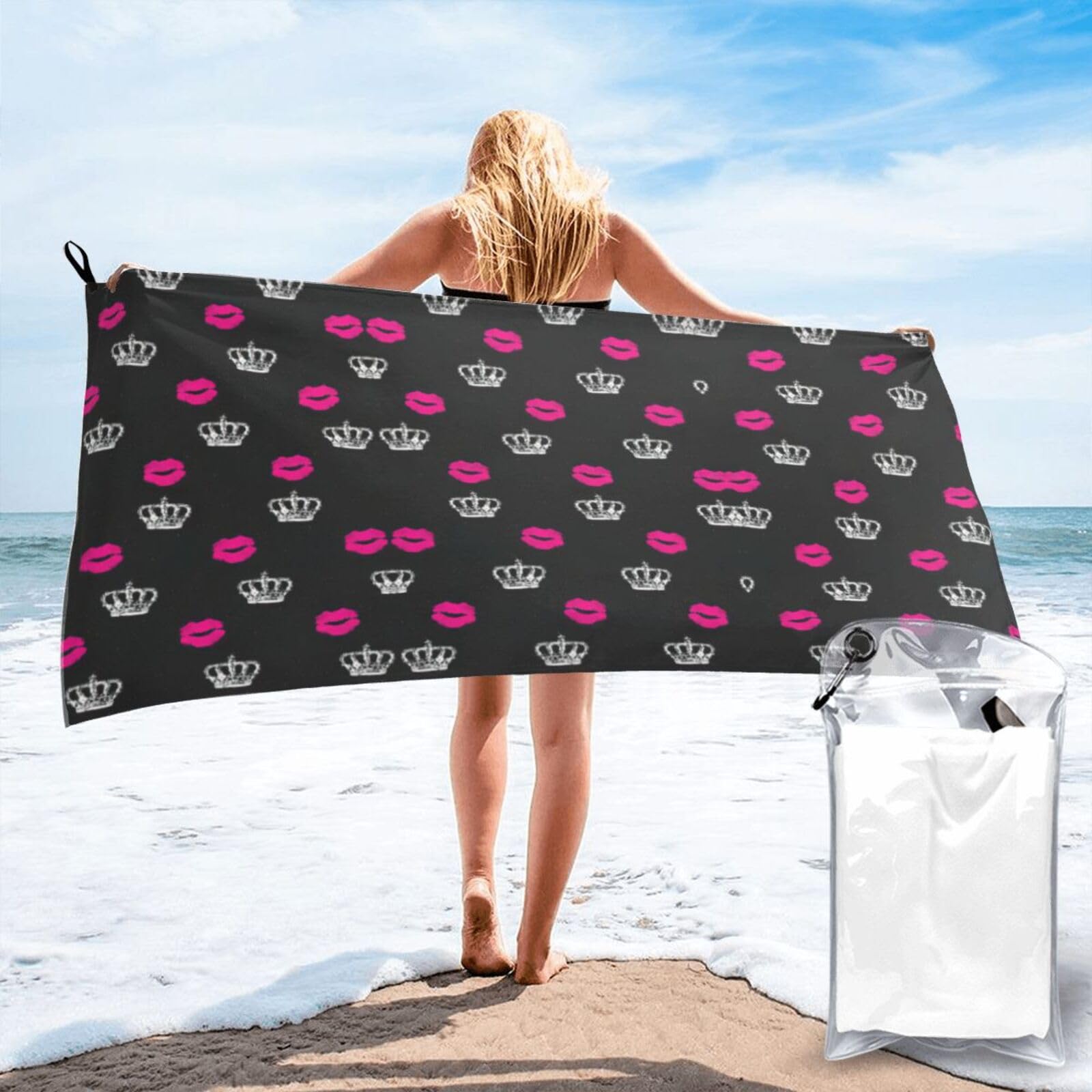WYCZHY Crown And Lips Print Beach Towel Soft Quick Dry For Spa Pool Gym Vacation Travelers Women Men Adults Sauna Gift