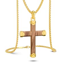 RTZN Wooden Cross Necklace for Men Premium Handcrafted Natural Ebony/Bubinga Mens Wood Cross Necklace Pendant with 3mm Stainless Steel Box Chain 22" + 2" Inch